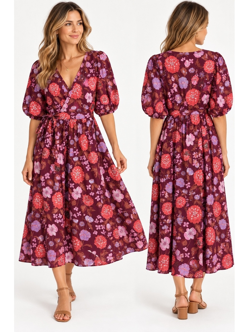 Tea Collection Women’s Floral Wrap Midi Dress Puff Sleeve Burgundy Size M